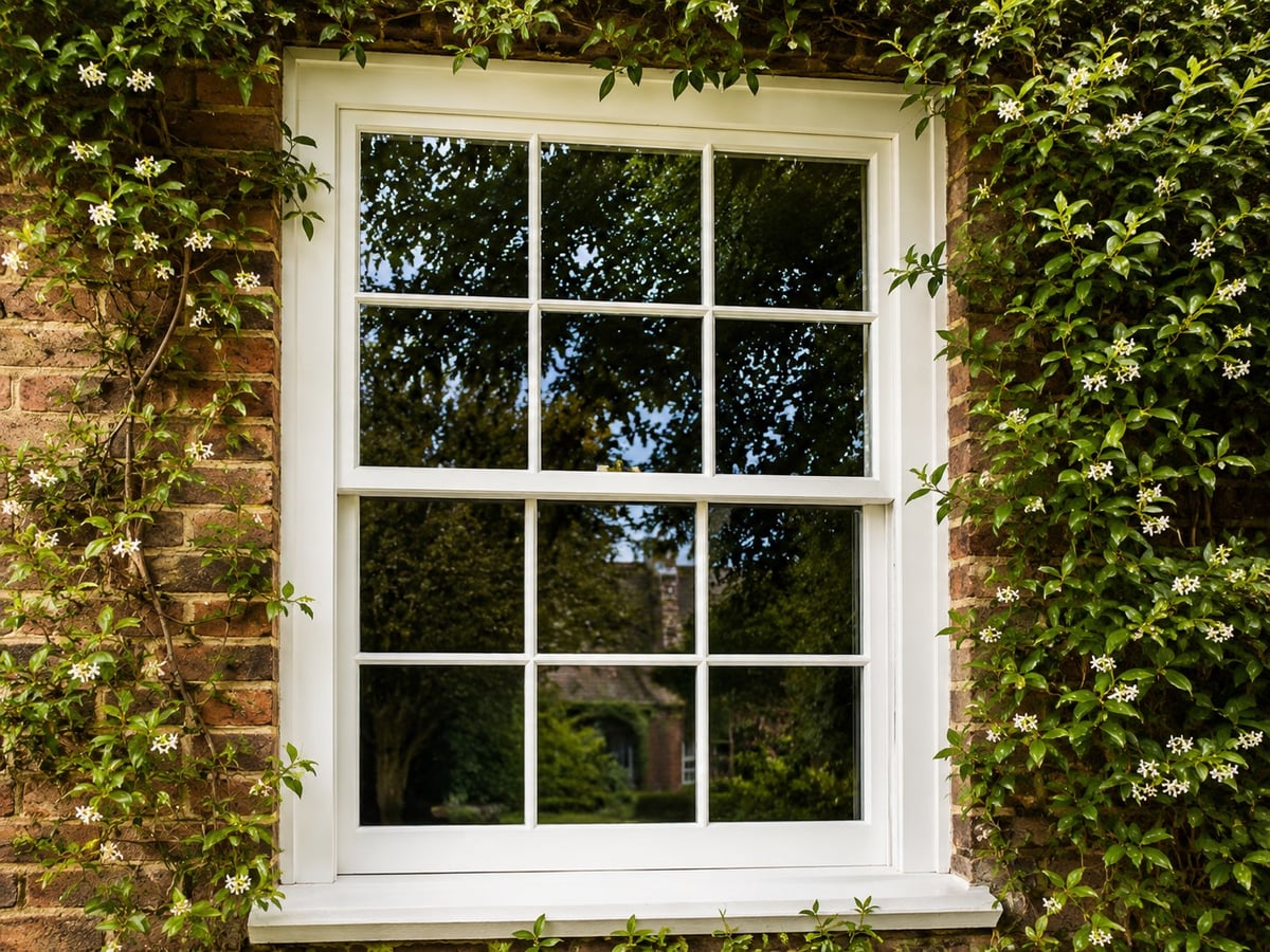 White timber sash window with Georgian glazing bars in a red brick wall, framed by flowering jasmine